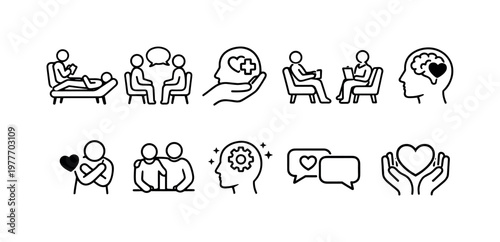 Mental health and therapy icons showing support, conversation, and self-care