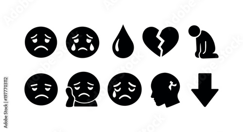 Collection of icons representing sadness, grief, and emotional distress