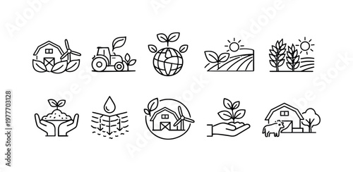 Collection of agricultural icons representing farming, sustainability, and growth