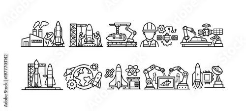 Space exploration and advanced manufacturing icons depicting rockets, robots, and engineers