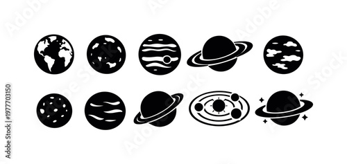 Collection of stylized planet icons representing celestial bodies and solar system elements