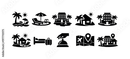Collection of travel and hotel icons representing vacation and accommodation services
