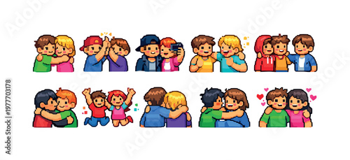 Pixel art friends hugging and celebrating together in various poses