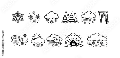 Collection of simple black and white winter weather icons and symbols