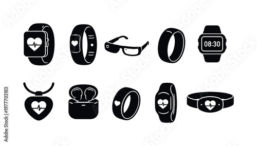 Collection of modern wearable technology icons for health and fitness tracking