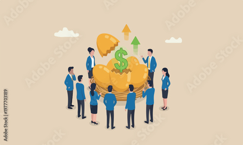 Growth or, dividends meeting teams together from stock market metaphor or profit and return from investment asset concept, shiny golden eggs with one hatched as US dollar money sign