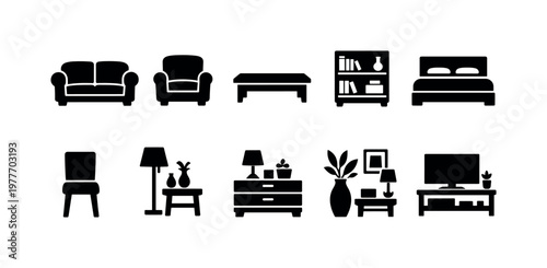 Collection of simple black furniture icons for interior design and home decor