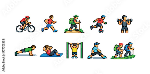 Pixel art collection of people engaged in various outdoor and indoor fitness activities