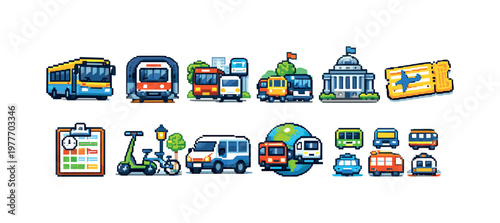 Pixel art collection of transportation icons and city elements