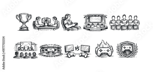 Collection of hand-drawn illustrations depicting various aspects of competitive video gaming and esports
