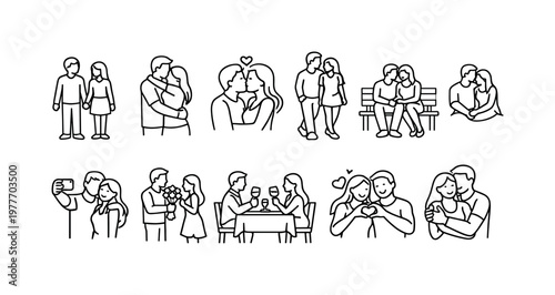Collection of simple line art illustrations depicting romantic couples in various affectionate poses