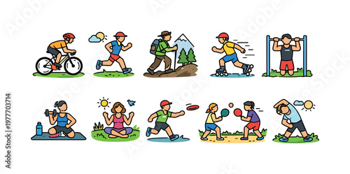 Collection of diverse outdoor sports and fitness activities depicted in simple cartoon style