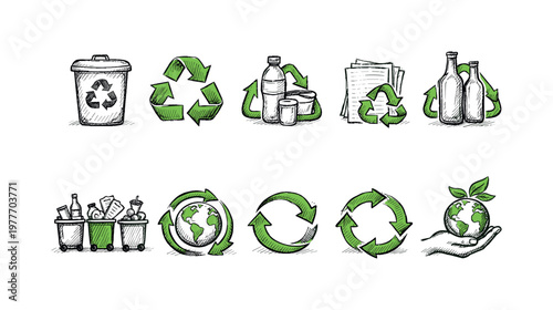 Hand-drawn icons representing recycling, waste management, and environmental care