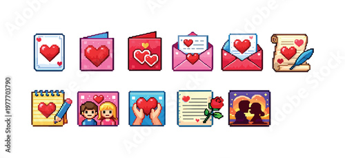 Pixel art icons celebrating love and romance with hearts, letters, and couples