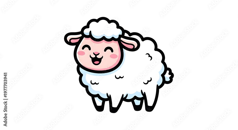 Obraz premium A cheerful cartoon sheep with rosy cheeks and a happy expression stands on a clean white background with a playful and cute mood