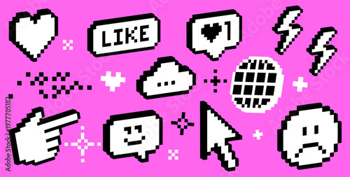 Retro pixel UI icons set on vibrant pink background. 8 bit chat bubbles, like notifications, cursor, social media symbols in trendy Y2K style. Digital interface design for apps, banners, tech branding