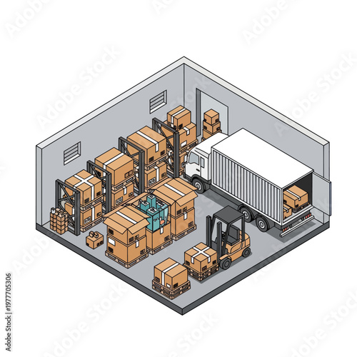 Isometric Warehouse Scene with Boxes, Forklift, and Delivery Truck.