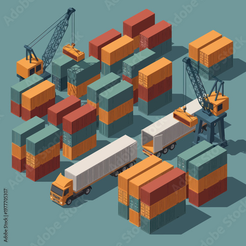 Isometric Cargo Containers and Trucks at a Shipping Yard.
