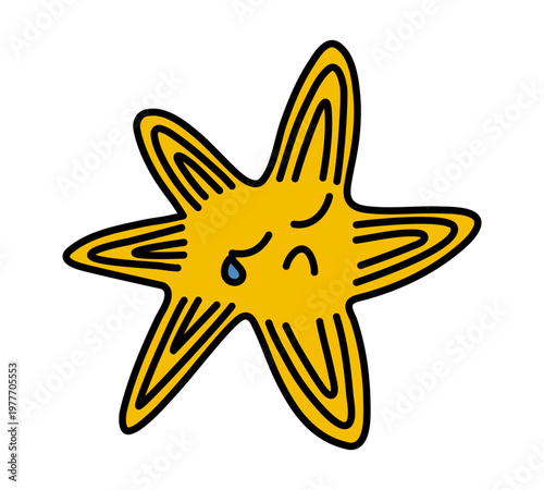 Crying Star of unusual shape. Hurt childish Character. Colored funny Doodle with outline. Sad face with Tear. Proud resentment. Cartoon expressive. Infantile drawing. Isolated. Vector illustration