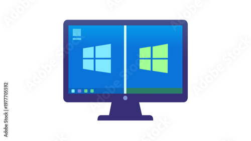 Flat vector icon illustration of a desktop computer monitor with a split screen displaying two different operating systems, symbolizing cloud computing, virtualization, and remote desktop access.