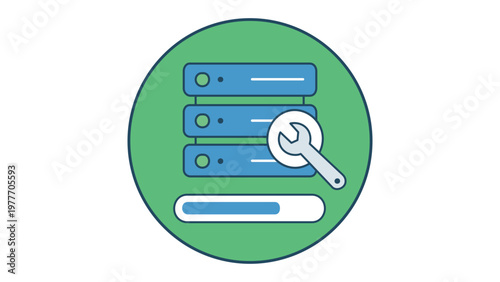 Scalable flat vector icon illustration of a server rack with a maintenance wrench and loading progress bar inside a green circle, representing cloud computing, API setup, and data center management.