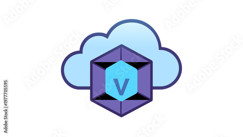 Cloud computing vector icon illustration featuring a stylized blue cloud and a purple hexagonal prism with a 'V' symbol, representing data storage, network services, and modern technology.