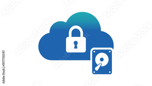 Secure Cloud Computing and Data Backup Vector Illustration Featuring a Gradient Cloud Icon with a Padlock and a Hard Drive Symbol for Cybersecurity, Network Protection, and Digital Storage.