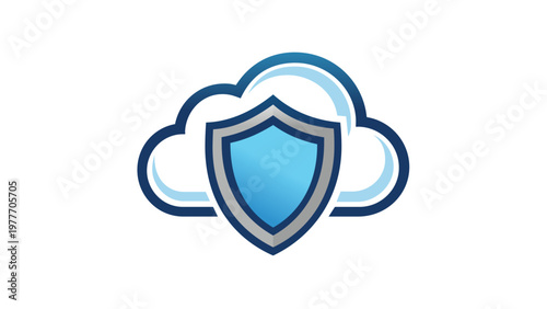Cloud computing security vector icon illustration featuring a blue protective shield in front of a white cloud, representing data protection, network safety, and secure online storage services.