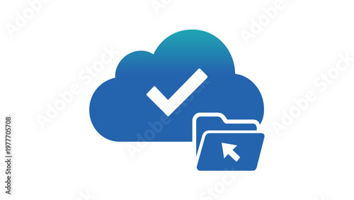 Cloud computing vector icon illustration with blue gradient cloud, checkmark, and folder with cursor arrow, symbolizing successful file upload, data storage, and cloud synchronization services.