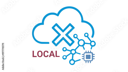 Local computing and edge processing vector icon illustration featuring a cloud with a cross mark, network nodes, and a microchip, symbolizing offline data storage and distributed systems.
