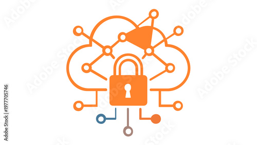 Scalable vector icon illustration of a secure cloud network with a central padlock and interconnected data nodes, featuring a modern blue and orange gradient for cybersecurity and storage.
