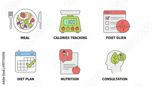 A digital illustration depicts a healthy lifestyle scene with a meal plate, calorie tracker, diet plan calendar, nutrition information, and a consultation for a food regimen.