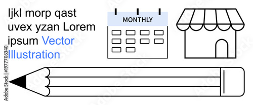 Business planning, scheduling tools, writing resources, retail concepts, creative design, productivity. Calendar, pencil and storefront icons in black outline. Business planning and scheduling tools