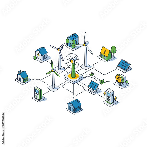 Isometric Illustration of a Smart Grid with Renewable Energy Sources.