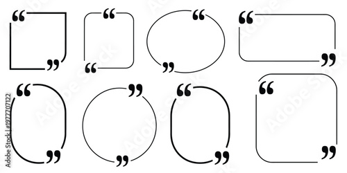 Quote, box vector icon collection with frames, speech bubbles, and empty quote templates in various styles, representing text placeholders, testimonials, and remarks, clean modern design