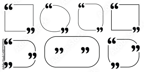 Quote, box frame icon set featuring blank template quote remarks, empty speech and quote bubbles in different forms, textbox and frame concepts, modern vector