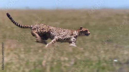 A cheetah runs swiftly across a vast open field in a video showcasing its incredible speed and agility in a natural setting.