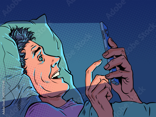 Pop Art Retro A man in bed staring at his phone. Technology and internet addiction. Special offers and promotions for customers.