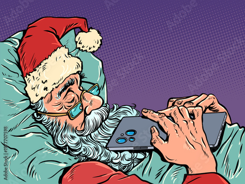 Pop Art Retro Santa Claus sleeps with his phone. New Year's Eve and the anticipation of the holidays. Special offers and promotions for Christmas gifts.