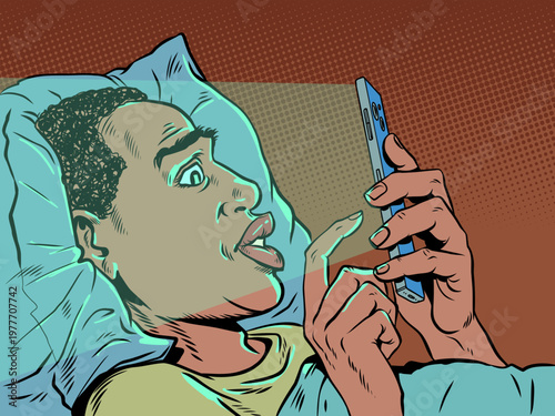 Pop Art Retro A man in bed staring at his phone. Technology and internet addiction. Special offers and promotions for customers.