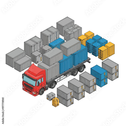 Isometric Truck Loaded with Cargo Containers Ready for Transportation.