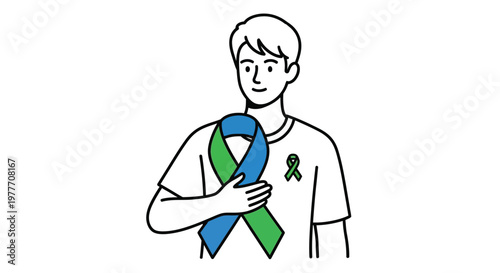 Illustration of a young man wearing a ribbon symbolizing awareness and support