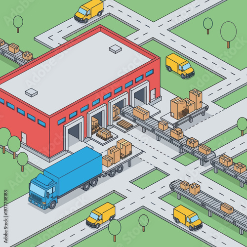 Isometric Warehouse Distribution with Conveyor Belts and Delivery Vehicles.