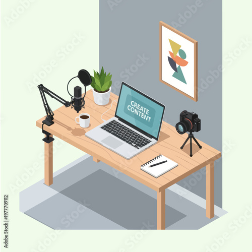 Isometric Content Creation Workspace with Laptop, Microphone, and Camera.