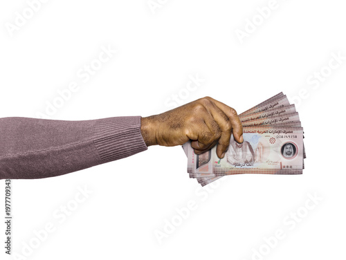 A hand holds a fan of UAE Dirham banknotes against a white background. This clean, professional image represents wealth, Middle Eastern banking, and financial transactions in Dubai or Abu Dhabi.