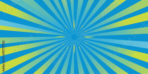 A blue retro vintage sunburst background with bright radial rays and grunge texture design