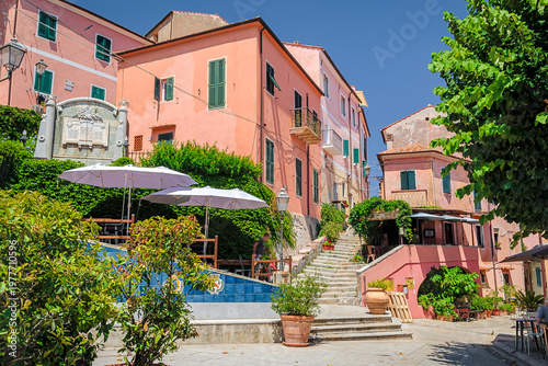 Small hilltop village Poggio on Elba island in the mediterranean sea, Tuscany, Italy