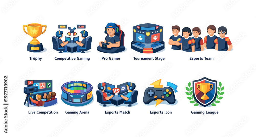 Fototapeta premium Collection of esports and gaming icons representing competition, players, and achievements