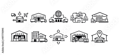 Collection of simple icons representing logistics and distribution center operations