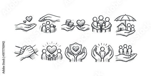 Collection of hand-drawn icons representing care, protection, and community support
